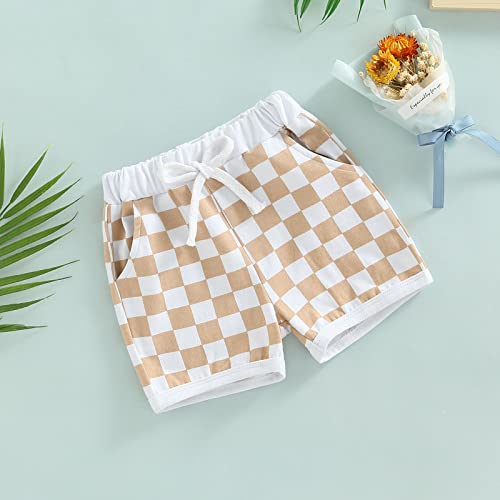 Unisex Baby Girls Boys Checkerboard Shorts Elastic Waist Drawstring Casual Short Pants With Pocket (Khaki, 2-3 Years) #TOP1