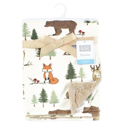 Image of Hudson Baby Infant Boys Plush Blanket with Furry Binding and Back, Forest Animals, One Size
