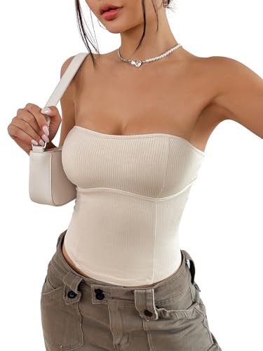WDIRARA Women's Basic Solid Ribbed Knit Strapless Tube...