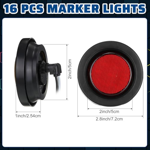 Image of Treela 16 Pcs 2 Inch LED Trailer Marker Lights, 10 LED Round Side Clearance Lamps with Rubber Flush Mount Grommet and 2 Prong Wire Pigtails, 12v Waterproof for Rv Truck Semi Trailer(Red)