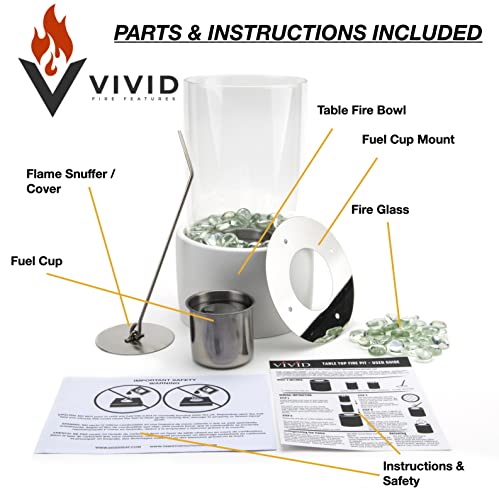 Table Top Fire Bowl, Ventless Outdoor Portable Bio Ethanol Fire Pit, Modern Round Table Fireplace - Fuel Sold Separately (White With Glass) #TOP1