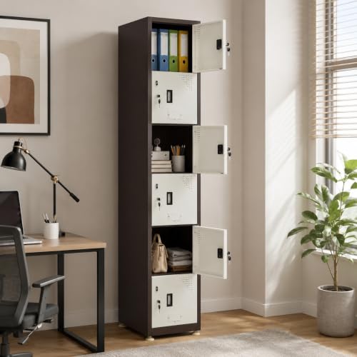 Image of Amazon Brand - Solimo Vertical 6-Door Brown Steel Locker, Heavy-Duty Multi-Purpose Storage Cabinet for Gym School Office & Staff Rooms, Secure Metal Compartments for Clothes Bags, Uniforms & Valuables