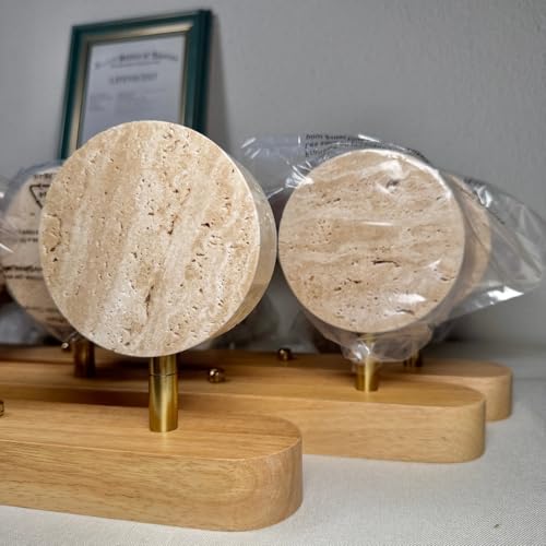 Image of Farmhouse Wood Vanity Light Fixture Nordic Style Stone Wall Lamp Natural Travertine Shade Linear Bathroom Wall Sconce 3 Lights Rotatable LED Wall Light Over Mirror - Natural Wood Color
