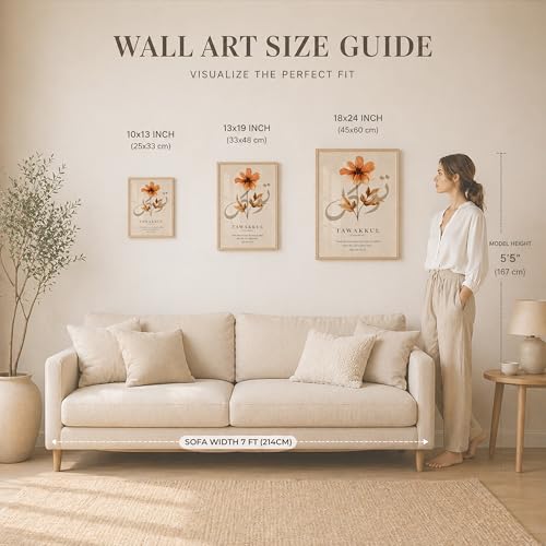 Image of Suneree Islamic Wall Art Set of 3 Framed Paintings for Living Room | Sabr Tawakkul Shukr Arabic Calligraphy Floral Wall Frames | Muslim Home Decor Elegant Quote Wall Painting (Design 8, 10x13 INCHES)