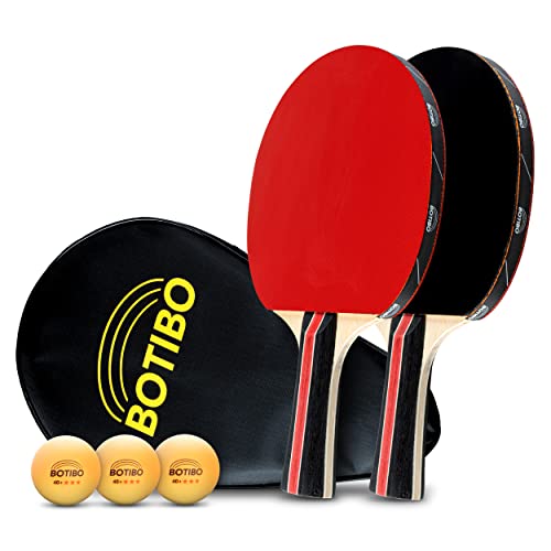 BOTIBO Tischtennisschläger - 2er Set inkl. 3*-Bälle & Transporttasche - 5-lagige Tischtenniskelle - Tischtennis Set aus 3*-Holz & 3*Schlägergummi - Tischtennis Schläger aus 3 Holzarten - Ping Pong Cover