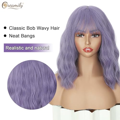 Creamily Perruque bob pastel avec frange pour femme, perruque ondulée souple, bob ondulé pastel mi-long, perruque synthétique pour cosplay fille, perruques de costume colorées 35 cm (Violet) – vue 2