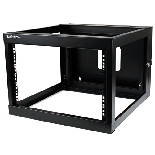 Image of StarTech 6U 4-Post Hinged Wall Mount Open Rack, 19in, 109lb (RK619WALLOH) | Swing-out hinged frame, SPCC cold-rolled steel, Ships fully assembled, Cage nuts, 19.8in /50.2cm depth