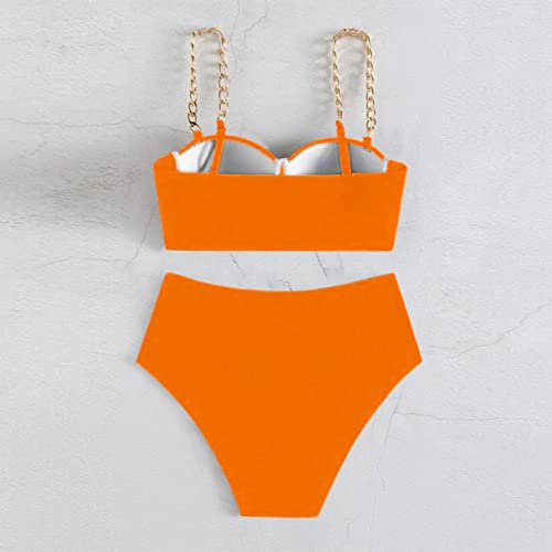 Womens Bikini Sets High Waisted Two Piece Swimsuits Solid Color Halter Swimwear Swimsuits Bikini With Underwire Support Orange #TOP2