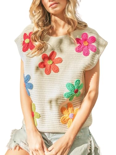 Esmeling Women’s Cap Sleeve Sweater Vest Crew Neck Sleeveless Casual Tops Crochet Flower Embroidery Knit Top