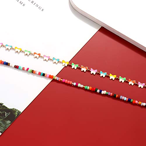 Image of Boho Beaded Ankle Bracelet Beach 18 K Gold Plated Anklet Bracelets Handmade Colorful Seed Beads Butterfly Evil Eye Heart Link Chain Anklet Pack Cute Summer Foot Jewelry for Women