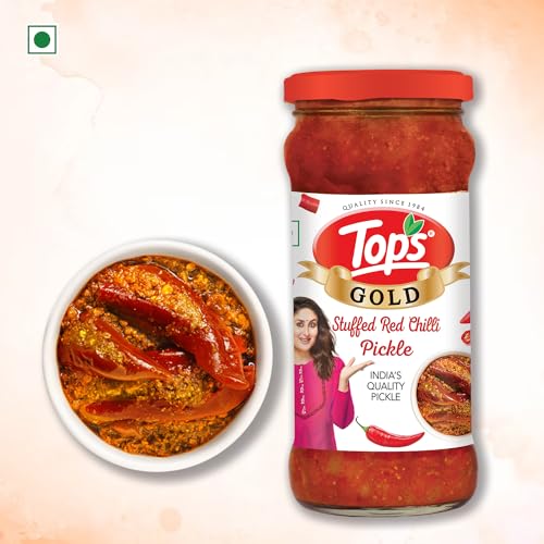 Image of TOPS Gold Stuffed Red Chilli Pickle - 375 gm Glass Bottle| Perfect blend of spicy red chillies blended in mustard oil