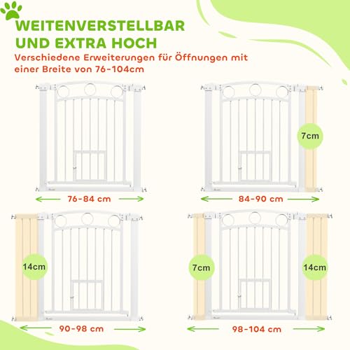 PawHut Türschutzgitter Hund, 76-104 cm Absperrgitter ohne Bohren, Treppengitter aus Stahl, Treppenschutzgitter mit Katzentür, Schutzgitter, Sicherheitsgitter für Treppen, Tür, Flur, Weiß