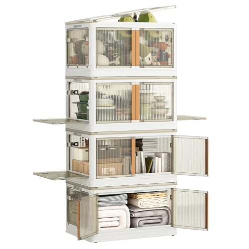 NETEL - Caja de almacenamiento de plástico, 100 l, 4 unidades con tapas, bandeja transparente, plegable, caja apilable con ruedas, 5 lados abiertos