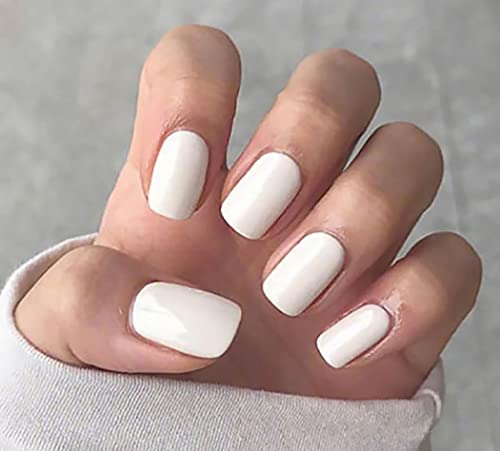 Vatocu carré brillant faux ongles blanc pur faux ongles court solide presse sur les ongles bâton acrylique sur les ongles pour les femmes et les filles (24 pièces) Cover