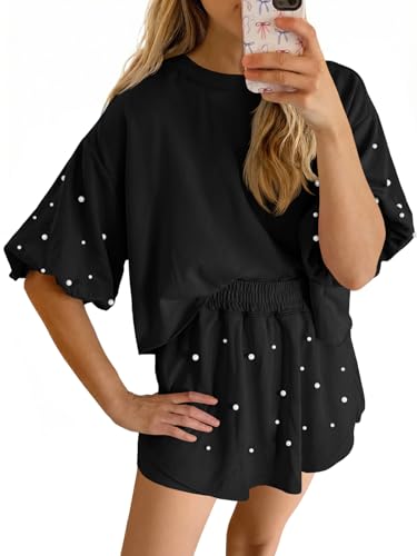 Fisoew Womens Summer Lounge Shorts Sets 2 Piece Outfits Decor Pearl Short Puff Sleeve Sweatshirt Skort Skirt Tracksuits