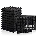 Fstop Labs 12 Stücke Akustikschaumstoff, 5x30x30 cm, 3D Hochdichte Schallabsorber Wand, Hall-Echo-Fliesen reduzieren, Schalldämmung für Tonstudio, Aufnahmestudios, Büro, Schwarz Pyramide