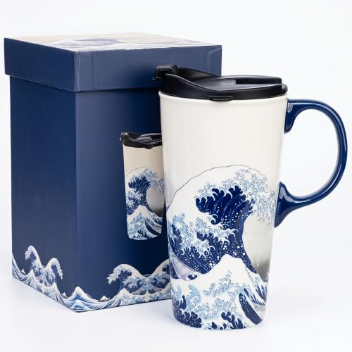 Topadorn 17oz Ceramic Travel Mug with Lid, Hokusai...