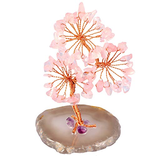 mookaitedecor Natural Rose Quartz Tumbled Stones Money Tree,Gemstone Feng Shui Ornaments Healing Crystal Tree Figurines,Agate Slice Geode Quartz Stand