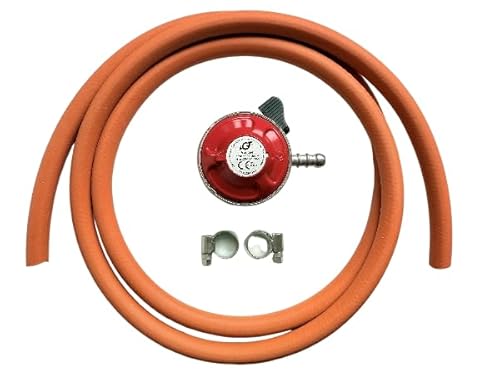 27mm Clip‑On Gas Regulator Kit – 37mbar Propane Regulator + 2m 8mm Gas Hose + 2 Stainless Jubilee Clips – BBQ, Patio Heater, Camping Stove, Caravan, LPG Bottle Connection Set