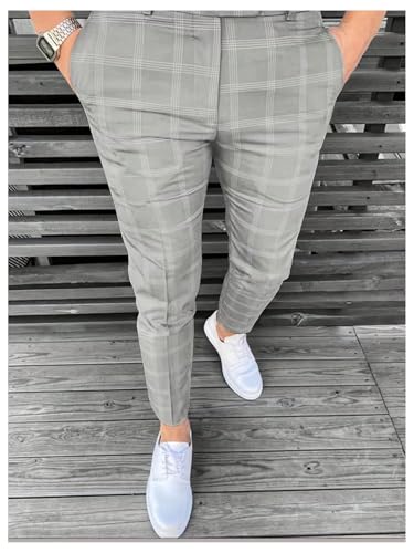 WDIRARA Men's Plaid Tapered Suit Pants Stretch Slim Fit Casual Work Business Trousers2