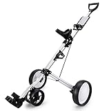 5. Räder sorgen für Gleichgewicht und leichte Mobilität auf der Strecke. Wenn Sie nicht in Bewegung sind, drücken Sie die Bremse am Hinterrad. Der Wagen ist gut geparkt und drücken Sie erneut, um die Fußbremse zu lösen. Mit dem Golfwagen können Sie der schweren Golfausrüstung entkommen.