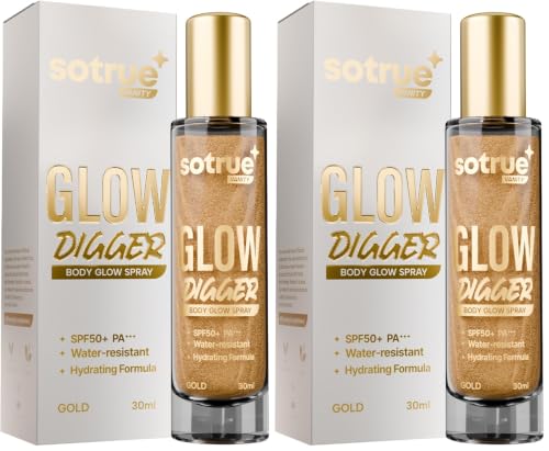 Image of Sotrue Glow Digger Body Glow Spray | Pearlescent Gold Shimmer Mist for Radiant Skin | Lightweight, Waterproof & Non-Greasy Body Highlighter | Hydrating Body Makeup for Women (Pack of 2)