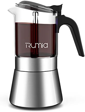 Rumia Moka Pot Stovetop Espresso Maker, Crystal Glass & Stainless Steel Moka Pot, 6 Espresso Cup/240 ml/8.5 oz for Strong Coffee Maker, Dishwasher Safe, Classic Percolator Italian Style