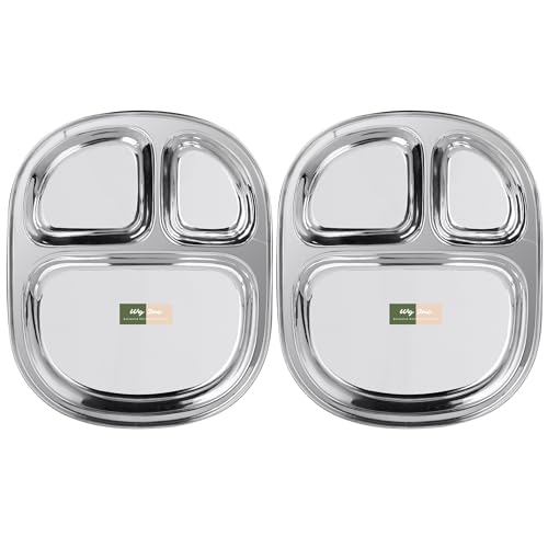 WG inc Stainless Steel Compartment Plates, Three Sections Divided Dinner Plates, 3 in 1 Portion Control Dishes for Snacks, Camping, Traveling, Metal Kids Trays, Dishwasher Safe, BPA Free (Set of 2)