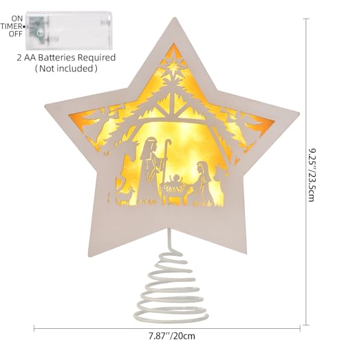 GHOSTMAGIC Christmas Tree Topper Star Nativity 7.87 x 9.25 inches Wooden Xmas Tree Top Star with 3 Modes LED Light Treetop Decoration for Christmas Bar Shop Office Home Decor (White) by GHOSTMAGIC - Image 2