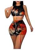 Floerns Women's 2 Piece Outfit Tie Dye Fringe Trim Crop Tank Top with Mini Skirt Set Rose Red X-Small