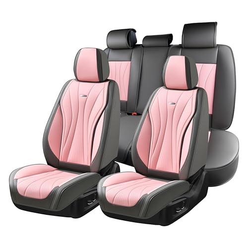 Image of Coverado Car Seat Covers Full Set, Universal Seat Cover for Cars, Luxury Faux Leather Seat Covers, Car Seat Protector Waterproof, Automotive Seat Cover, Car Seat Cushions Fit for Most Cars (Gray&Pink)