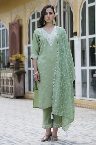 Image of VredeVogel Women's Silk Blend Kurta Pant Set with Chanderi Embroidery Work Dupatta