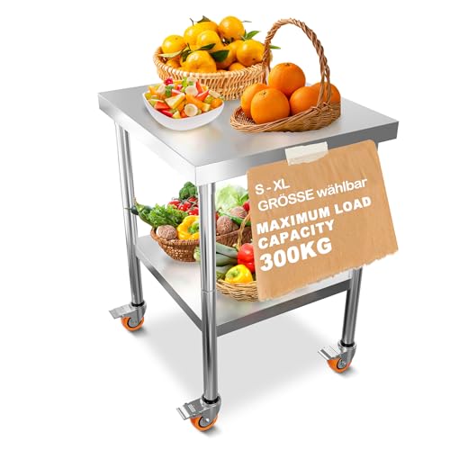 Suusolny Doppelschicht Edelstahltisch 4 Räder Edelstahl Arbeitstisch Küche Höhenverstellbar Mobile Werkbank Grillwagen BIS 300KG Für Restaurant Schule (L,85x 61x 60cm)