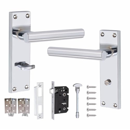 Golden Grace Victorian Straight T-Bar Door Handles Bathroom WC Toilet Complete in Polished Chrome Finish with (GG) Bathroom Mortise Lock and 1 Pair of 3 Standard Butt Hinges