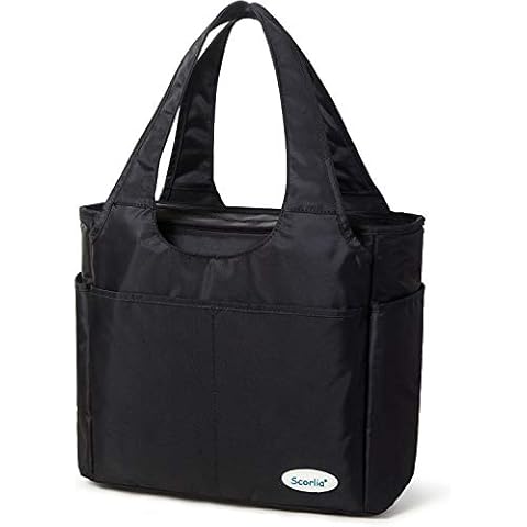 Scorlia Insulated Lunch Shoulder bag, Extra Large Lunch Tote Handbag, Durable Reusable Cooler Ladies lunch Box Bag with Side pockets, Tall Drinks Holder for Women Men Work, Black Cover