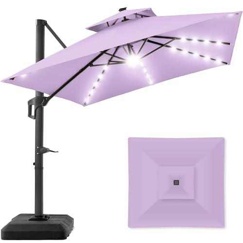 Best Choice Products 10x10ft 2-Tier Square Cantilever Patio Umbrella with Solar LED Lights, Offset Hanging Outdoor Sun Shade for Backyard w/Included Fillable Base, 360 Rotation - Lavender