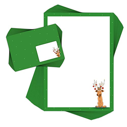 Paper-Media Lot de 20 feuilles de papier à lettre pour enfant Motif élan rubis Format A4 20 enveloppes incluses Papier à lettre de Noël Pour enfants/Noël Cover