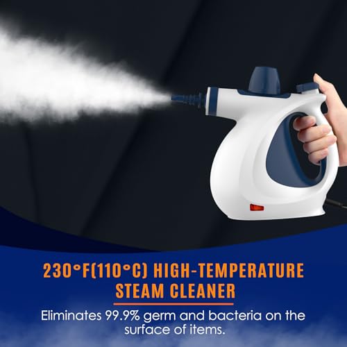 Image of Pressurized Handheld Multi-Surface Natural Steam Cleaner with 12 pcs Accessories, Multi-Purpose Steamer for Home Use, Steamer for Cleaning Floor, Upholstery, Grout and Car (White&Blue)