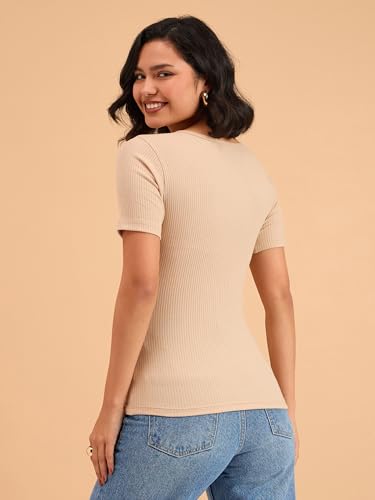 Image of barcino Beige Ribbed V-Neck Short Sleeves Top