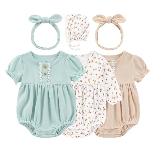 Image of Kiddiezoom Baby Girl Cotton Fresh floral fragments Bubble Romper Cute straps and headscarves