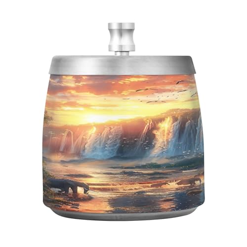 WELLDAY African Savannah Landscape Ashtray with Lid for Cigarette, Stainless Steel Smokeless Windproof Ashtrays for Home Office Tabletop Patio Outdoor