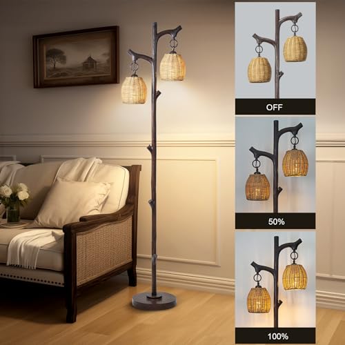 Scenekoy 68" High Farmhouse Rustic Country Cottage Floor Lamp Tree Trunk Faux Wood Column Dark Bronze Wicker Drum Shade Decor for Living Room Bedroom Reading Room
