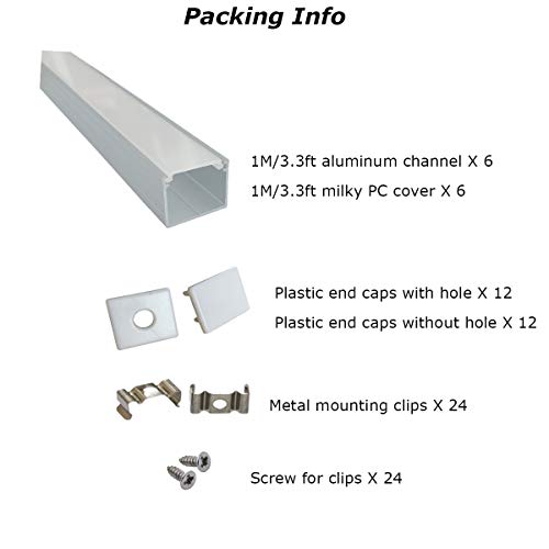 Litever 6-Pack 3.3ft/1 Meter 15x18mm U Shape Aluminum Channels for Lightstrip Plus and Other LED Strips. Diffused PC Covers, End Caps, Mounting Clips, Screws Included.