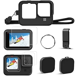 Silikon Schutzhülle kompatibel mit GoPro Hero 10 9, Gopro Zubehör Set Objektivdeckel für Gopro Hero 10 Hero 9, GoPro HERO 11 Silikonhülle + Objektivabdeckung + Umhängeband + Gehärtete Schutzfolie
