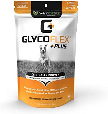 VETRISCIENCE Glycoflex Plus Clinically Proven Dog Hip and Joint Supplement with Glucosamine, Chondroitin, and MSM, Duck, 60 Chews - Vet Recommended for Mobility Support for Medium and Large Breeds