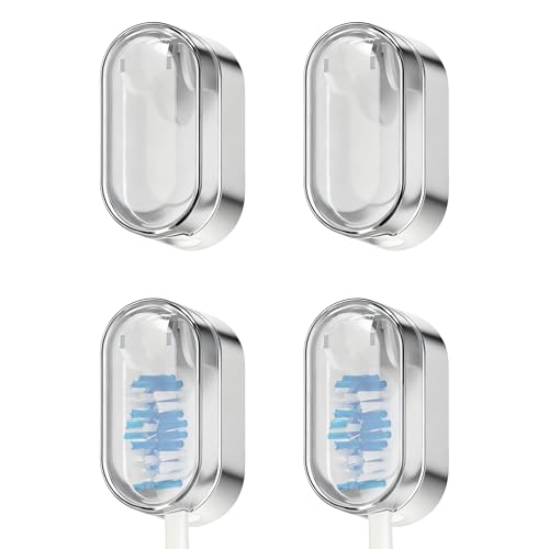 Image of AFIODA Toothbrush Holder 4-Pack, Light Grey Covered Toothbrush Holders Wall Mounted, Self Adhesive Tooth Brush Holder with Dustproof Lid, Toothbrush Heads Organizer for Bathroom, Kids & Adults