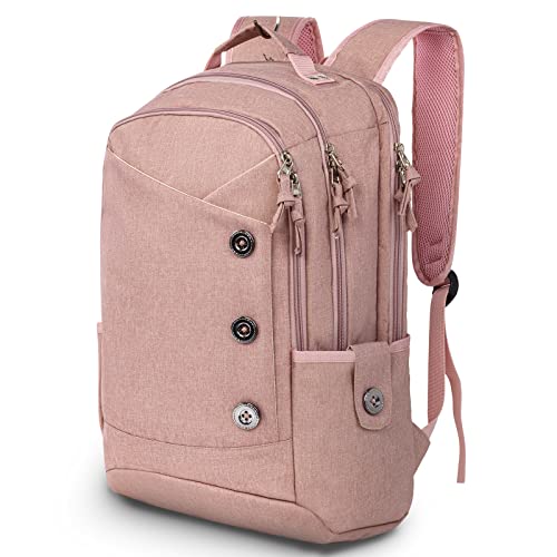 KINGSLONG 15.6 inch Pink Laptop Backpack for Women, Stylish Daypack with USB Charging Port, Water Resistant Computer Bag Notebook Bag Suitable for College Travel Work Gifts