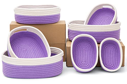 Image of HLWDFLZ 7 Piece Cotton Rope Woven Basket Set - Small Basket for Baby Nursery, Pets, Montessori, Dog & Cat Toy Boxes, Bathroom Organization Bins (White/Purple)