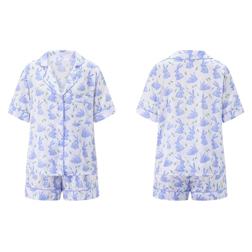 Image of Women Easter Pajamas Set Cute Bunny Button Down Shirt and Shorts 2 Piece Pj Set Y2K Easter Outfits