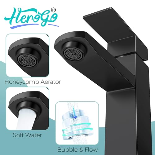 Image of Herogo Black Bathroom Faucet, Stainless Steel Modern Bathroom Sink Faucets with Pop-up Sink Drain & Deck Plate 1 or 3 Hole, Single Handle RV Washbasin Lavatory Faucet with 2 Water Hoses